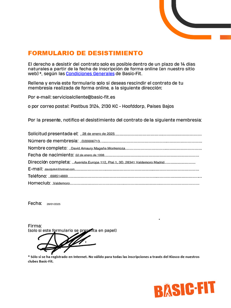 Desistimiento Basic Fit | PDF