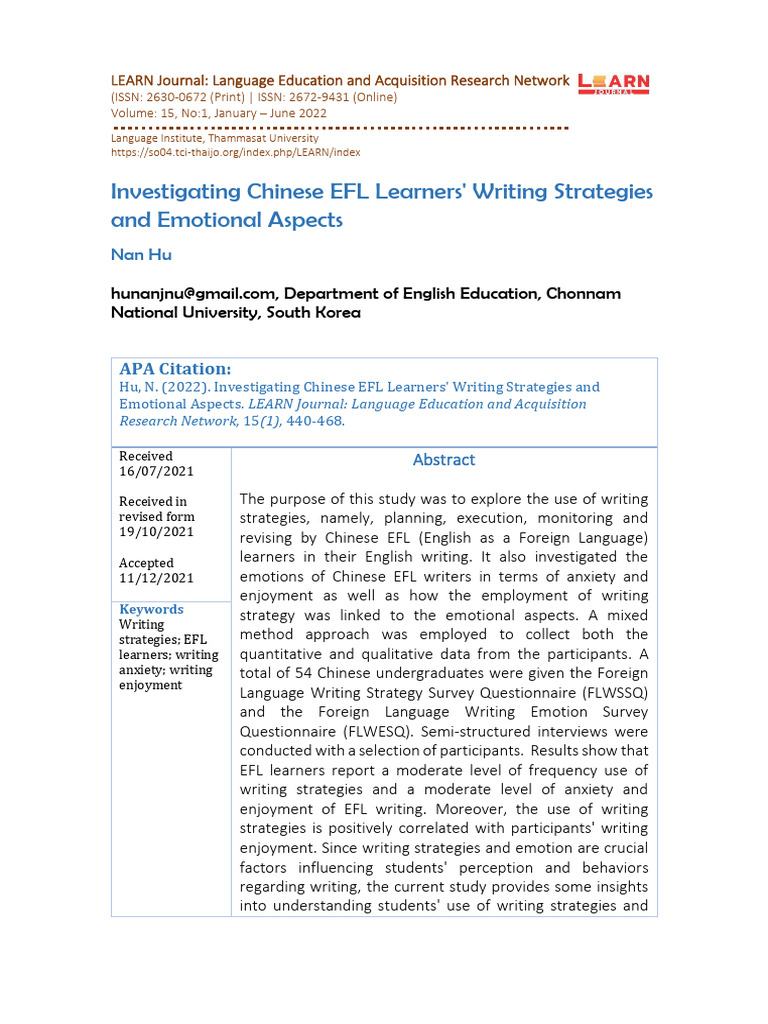 Chinese EFL Learners' Writing Strategies | PDF | Second Language | Learning