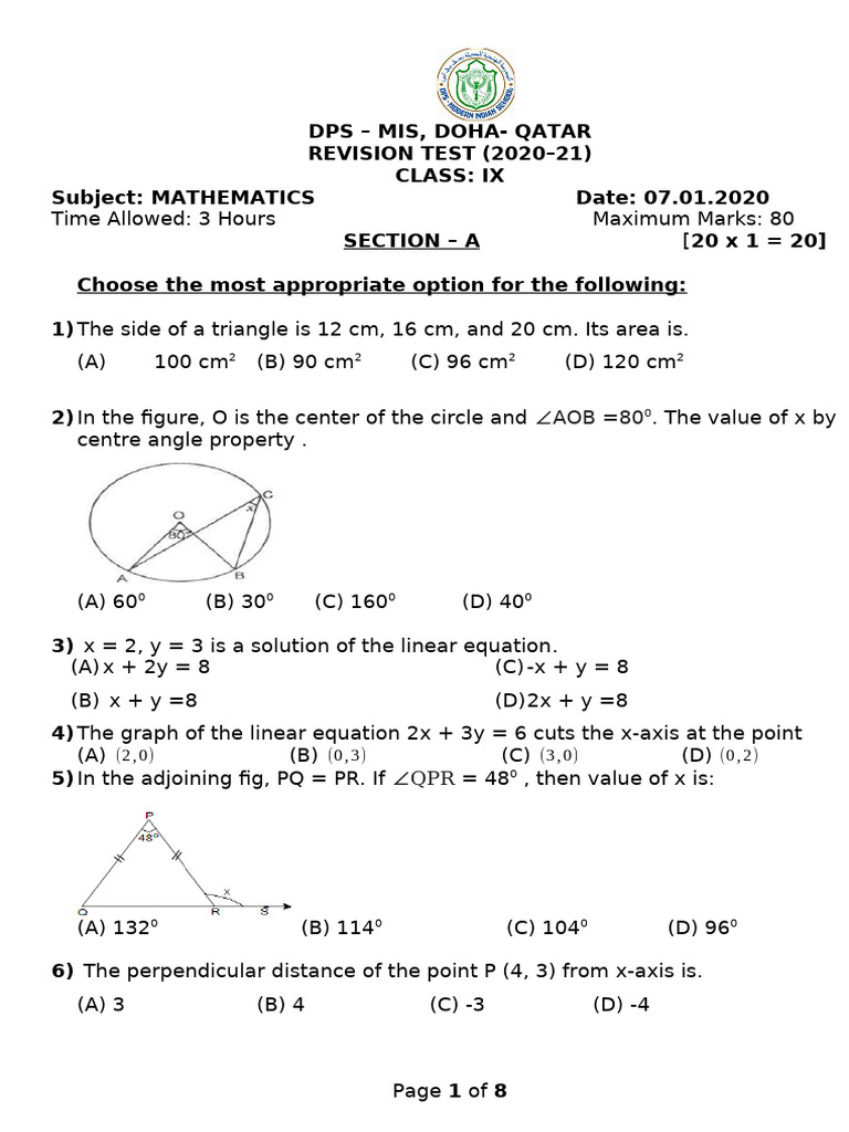 Class IX Mathematics Revision Test | PDF | Elementary Mathematics ...