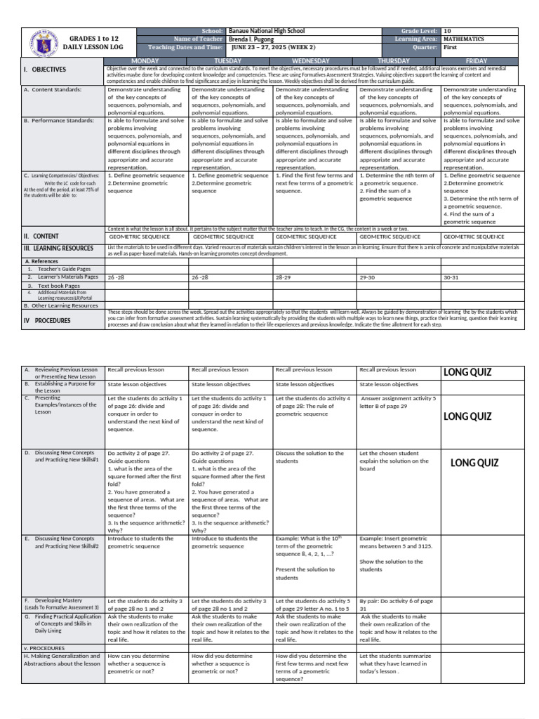 DLL MATHEMATICS 10 Q1, Week 2 | PDF | Equations | Polynomial