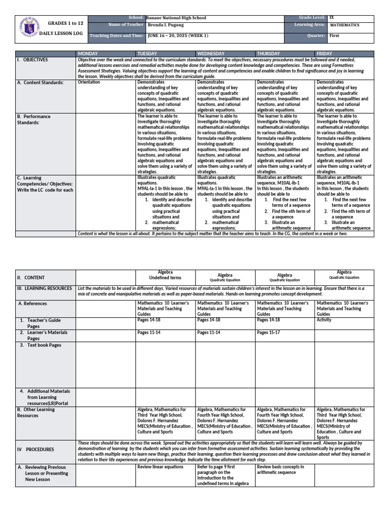 Weekly Math Lesson Plan for Grade IX | PDF | Equations | Algebra