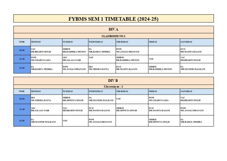 FYBMS Semester 1 Timetable 2024-25 | PDF