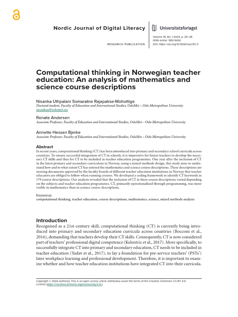 Computational Thinking in Norwegian Teacher Education | PDF ...