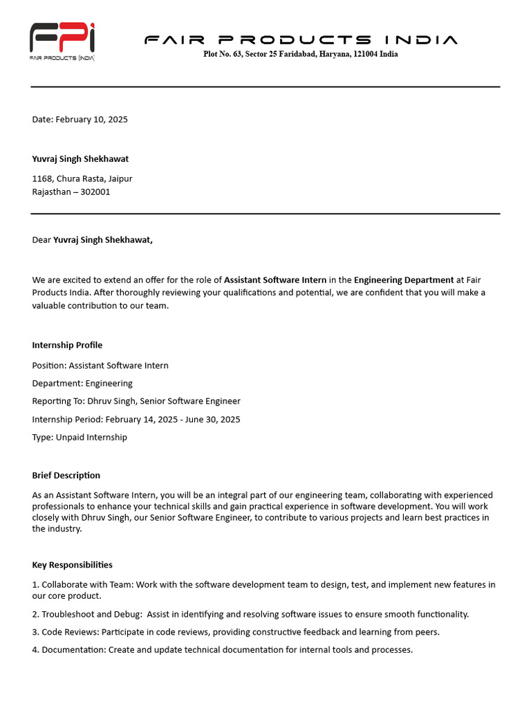 Assistant Software Intern Offer Letter | PDF