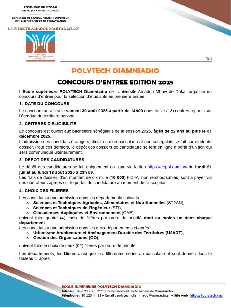 Concours Polytech Diamniadio 2025 | PDF