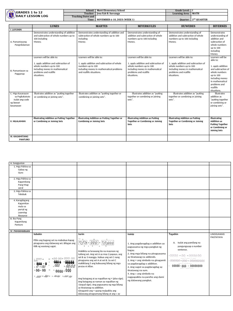 Grade 1 Math Daily Lesson Plan | PDF