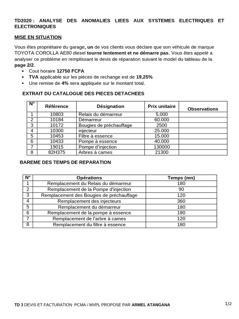 Devis de Réparation pour Toyota Corolla | PDF | Machine | Organe d'un ...