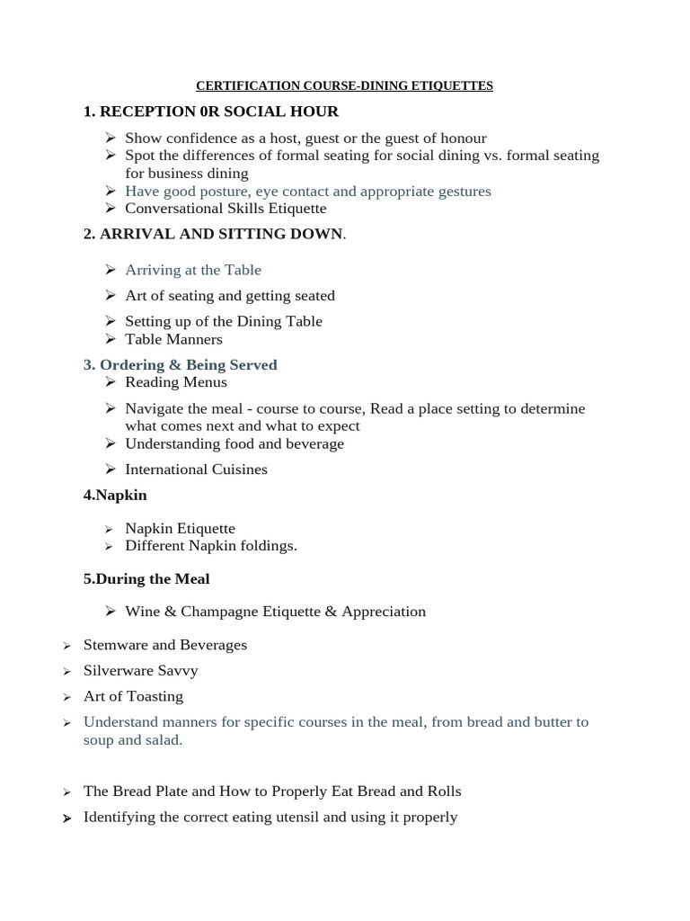 Certification Course-Dining Etiquettes | PDF