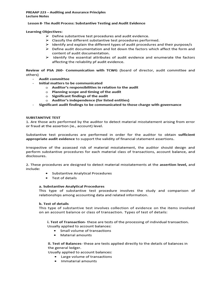 Substantive Test and Audit Evidence | PDF | Audit | Financial Audit