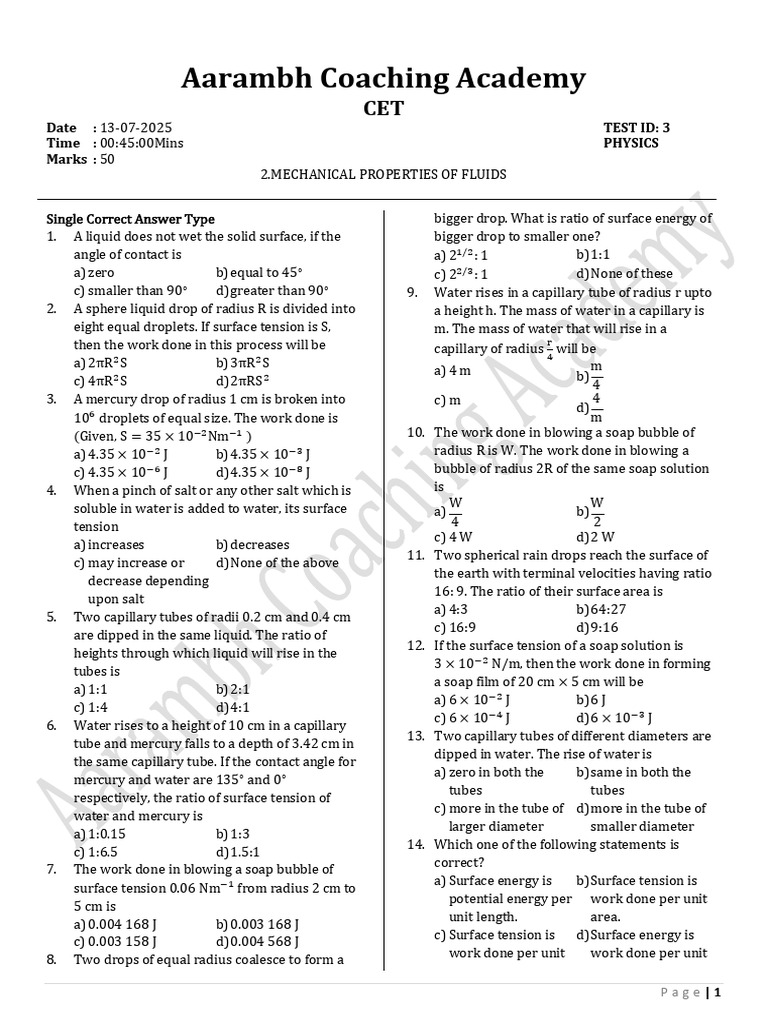 CET PYQ on Fluid Mechanics | PDF | Drop (Liquid) | Surface Tension