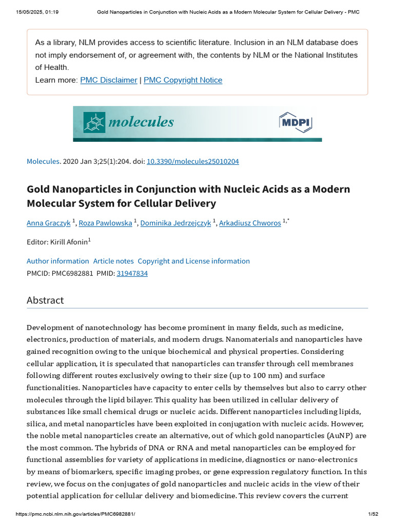 Gold Nanoparticles in Conjunction With Nucleic Acids As A Modern ...