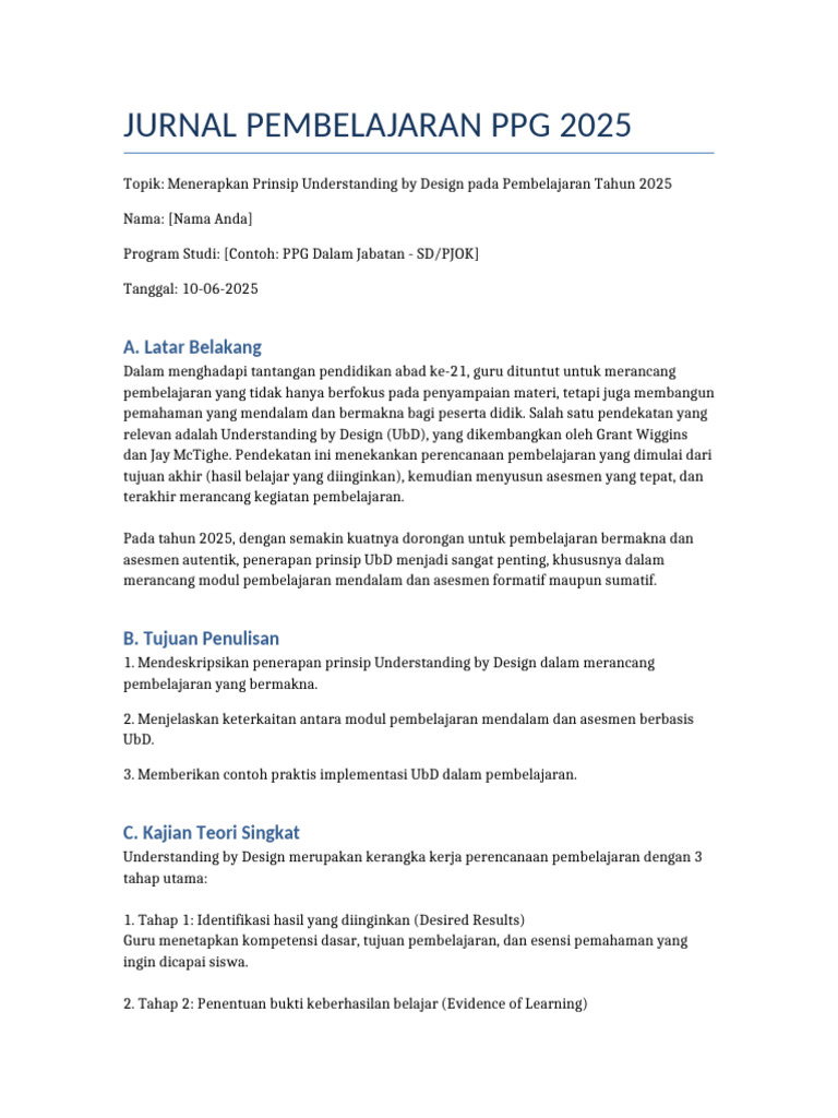 Penerapan UbD dalam Pembelajaran PPG 2025 | PDF