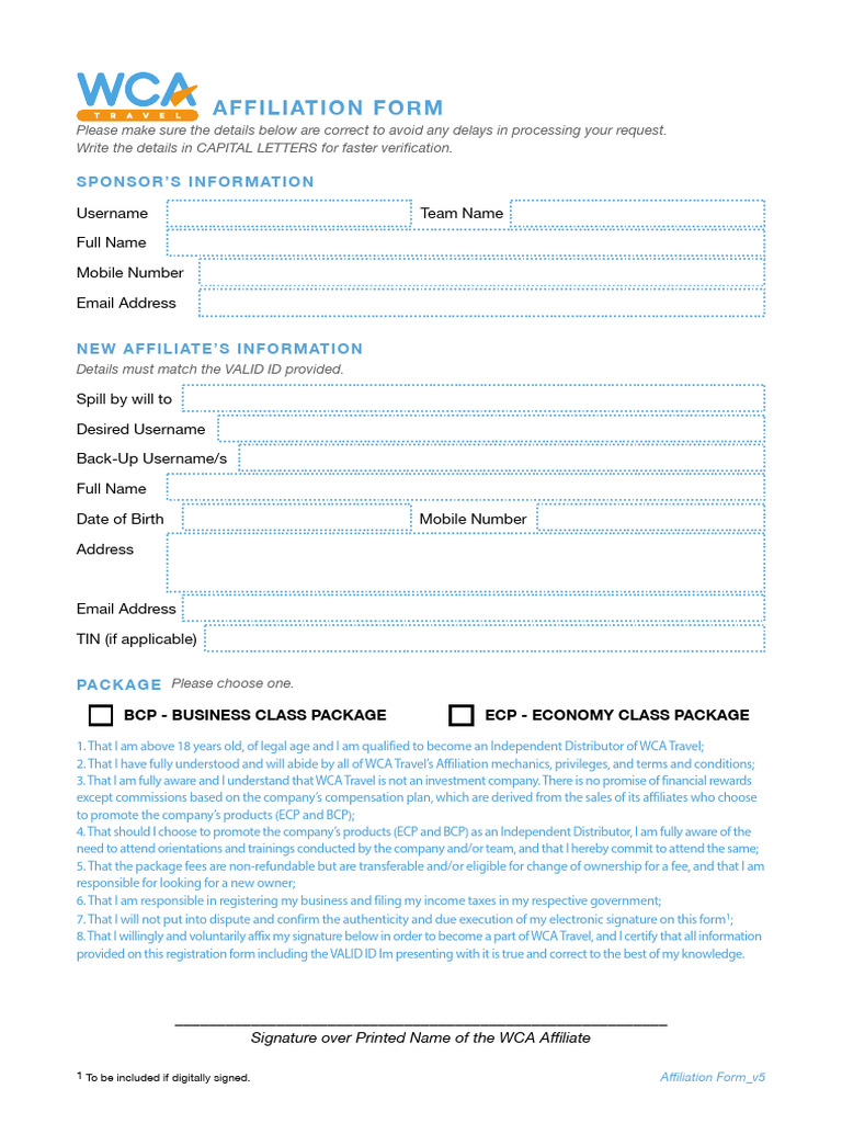 WCA Travel Affiliate Registration Form | PDF