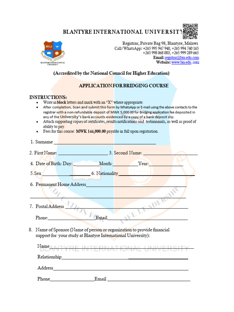 Blantyre International University Application Form | PDF