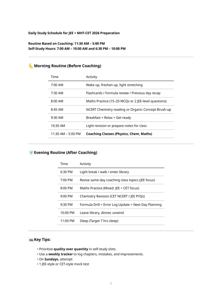 Jee Mhtcet Daily Schedule | PDF