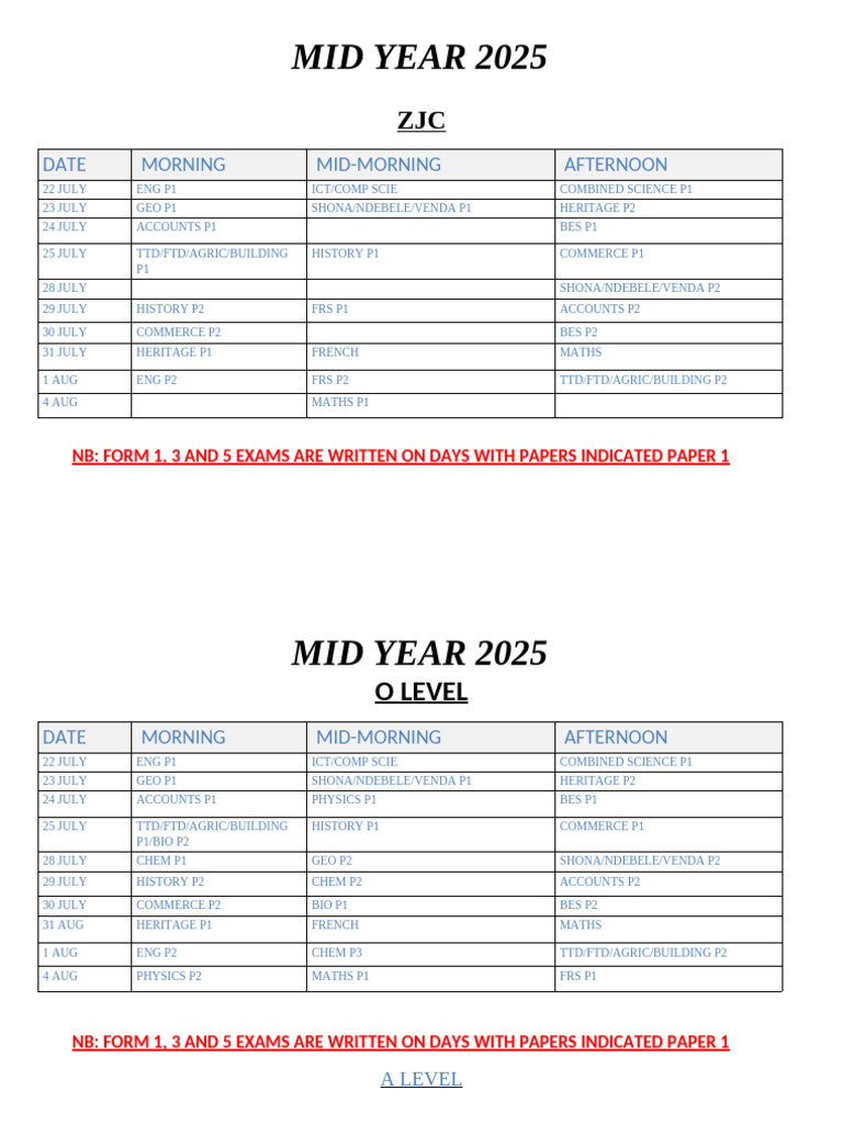 Mid-Year Exam Schedule 2025 | PDF
