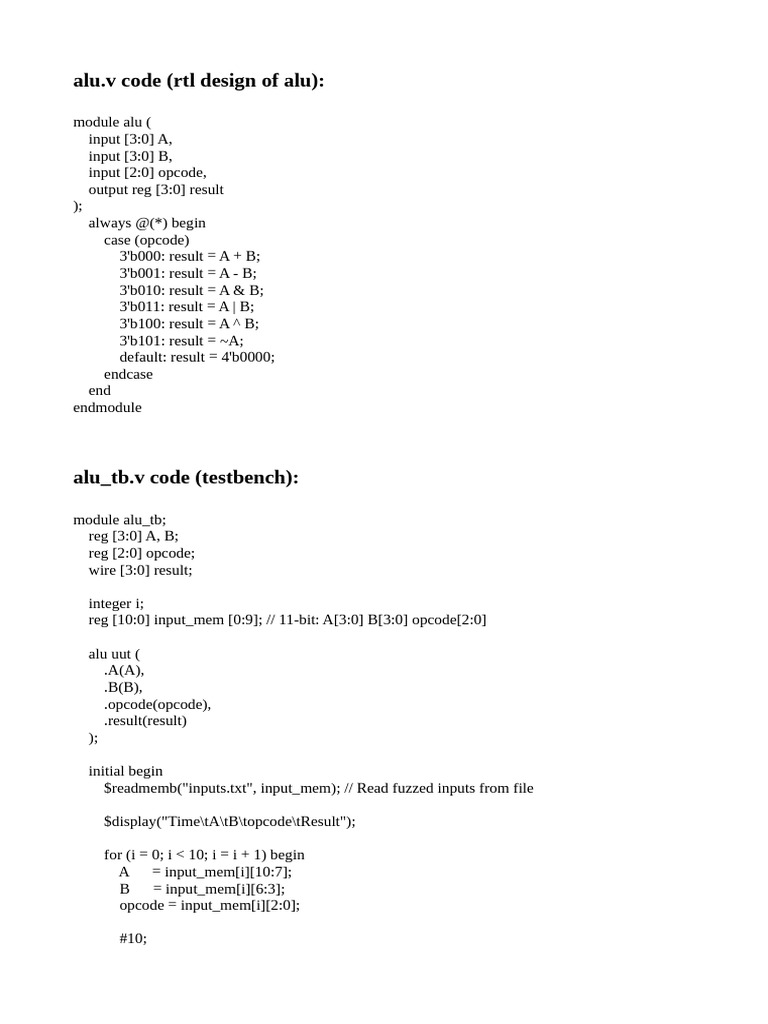 ALU RTL Design and Testbench Code | PDF | Central Processing Unit ...