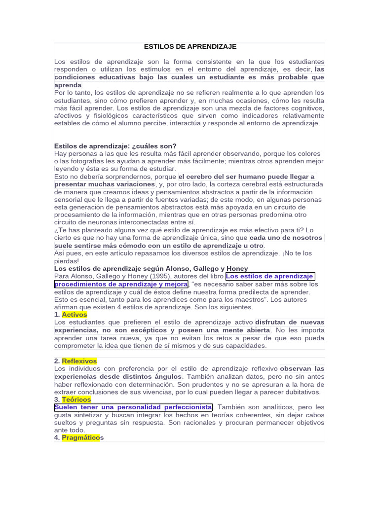 Estilos de Aprendizaje: Guía Completa | PDF | Aprendizaje | Aprendiendo ...