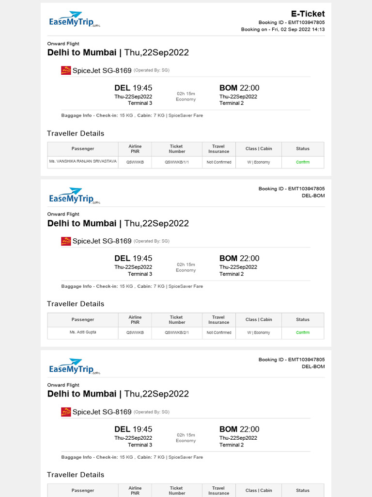 SpiceJet Delhi to Mumbai E-Ticket | PDF | Aviation