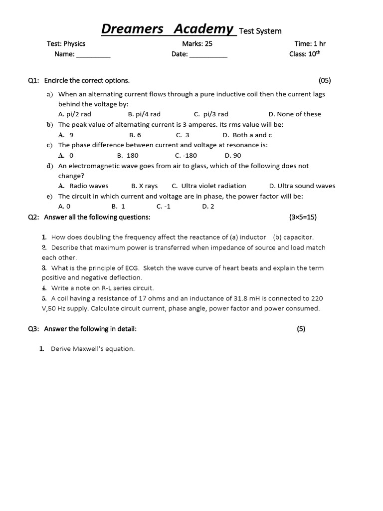 Chapter 5 Class 12 Physics Test | PDF