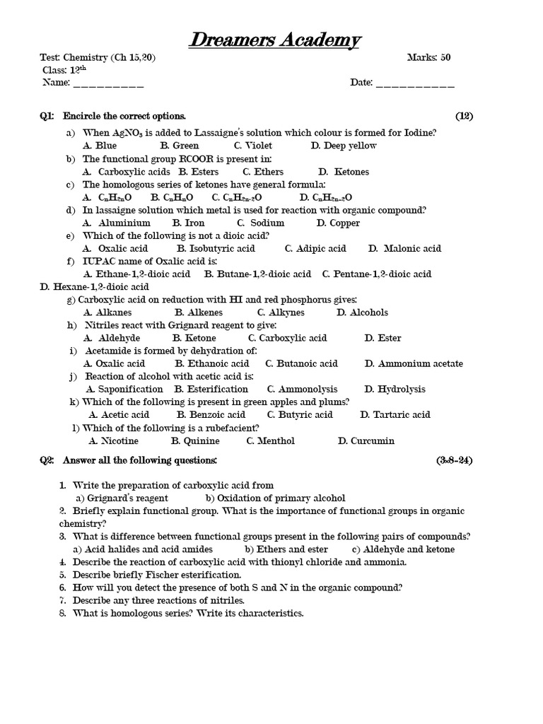Chemistry Test: Carboxylic Acids & Reactions | PDF | Ester | Carboxylic ...