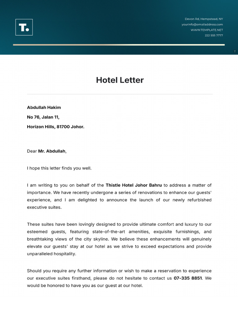 Free Sample Hotel Reservation Letter Template | PDF