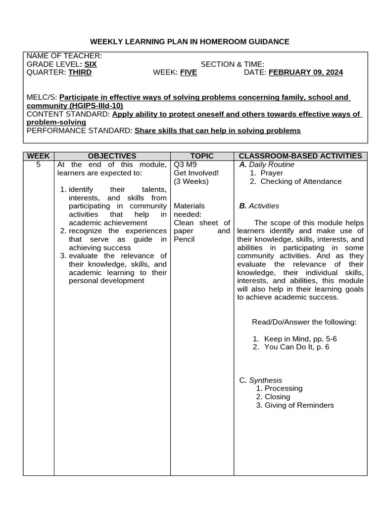Weekly Homeroom Guidance Plan | PDF | Human Communication | Education ...