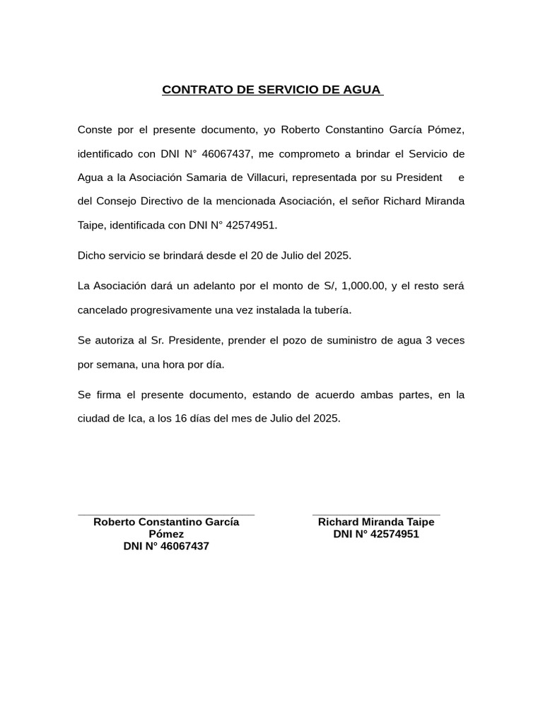 Contrato de Servicio de Agua 2025 | PDF