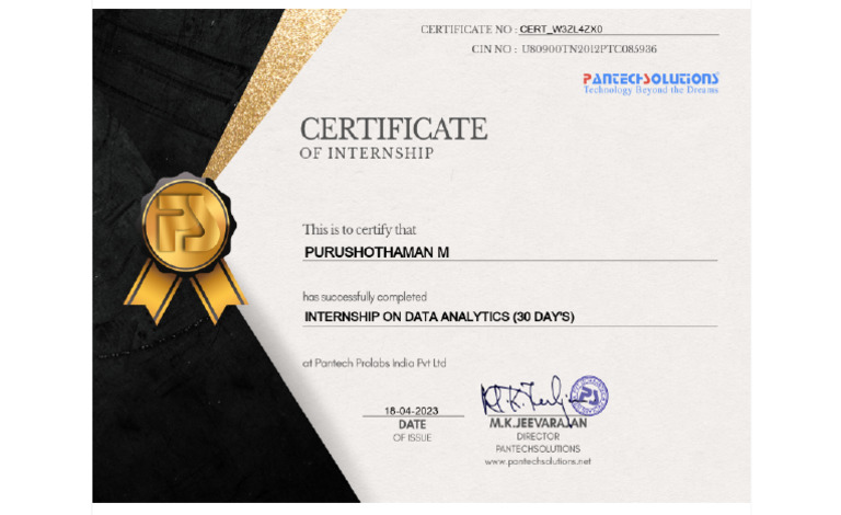 Certificate of Completion For Internship On Data Analytics 30 Day S | PDF