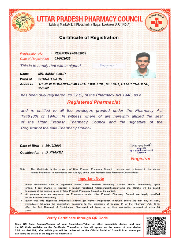 Uttar Pradesh Pharmacy Registration Certificate | PDF