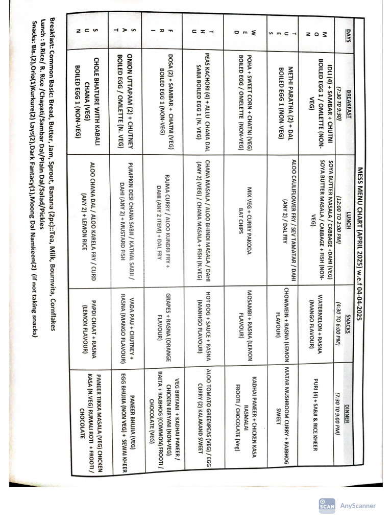 Mess Menu April 2025 | PDF