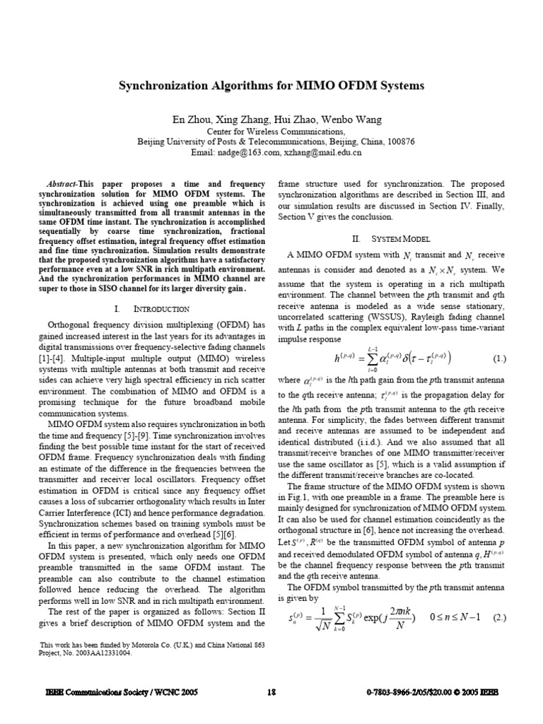 MIMO OFDM Synchronization Algorithms | PDF | Orthogonal Frequency ...