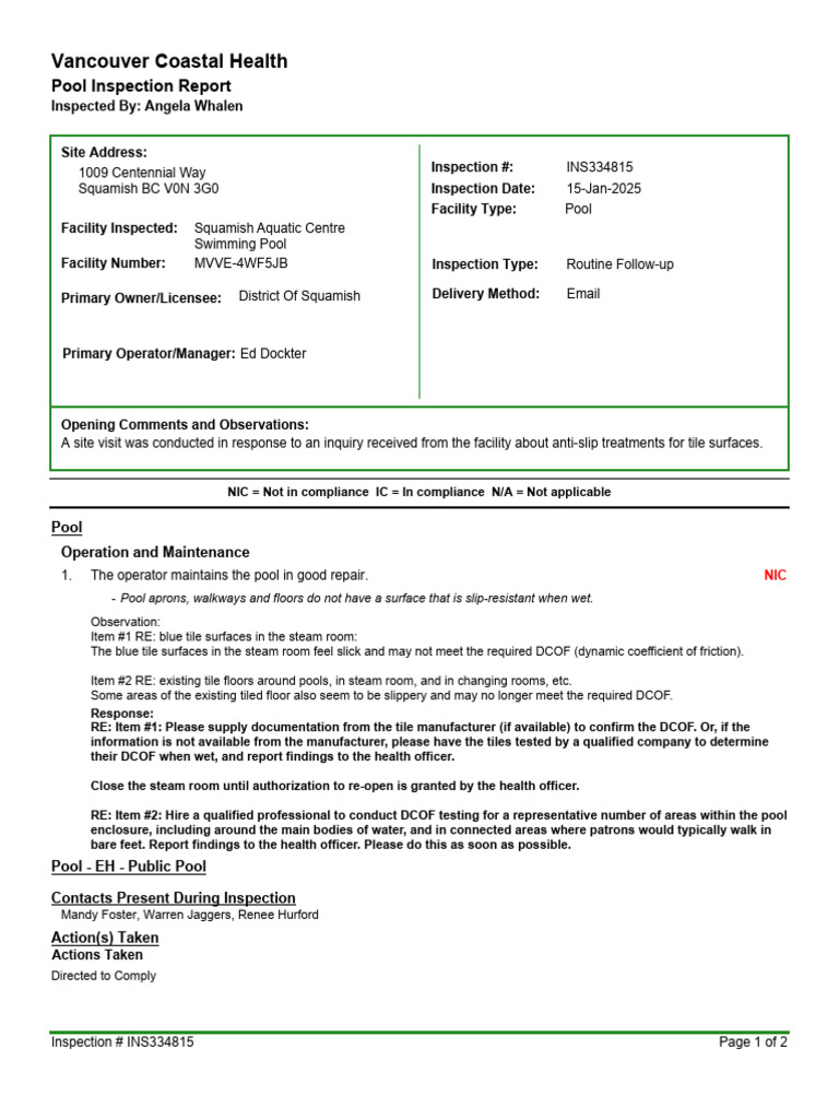 Squamish Aquatic Centre Pool Inspection Report | PDF | Swimming Pool