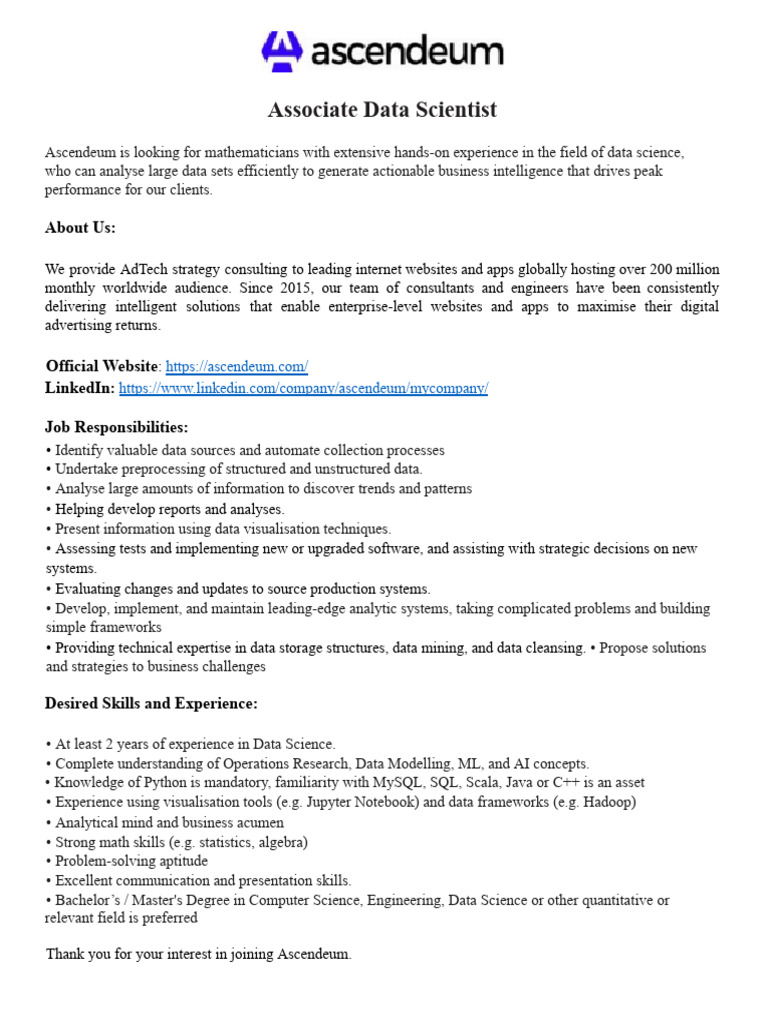 Data Scientist Position at Ascendeum | PDF