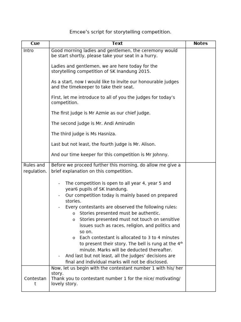 Emcee Script for Storytelling Contest | PDF