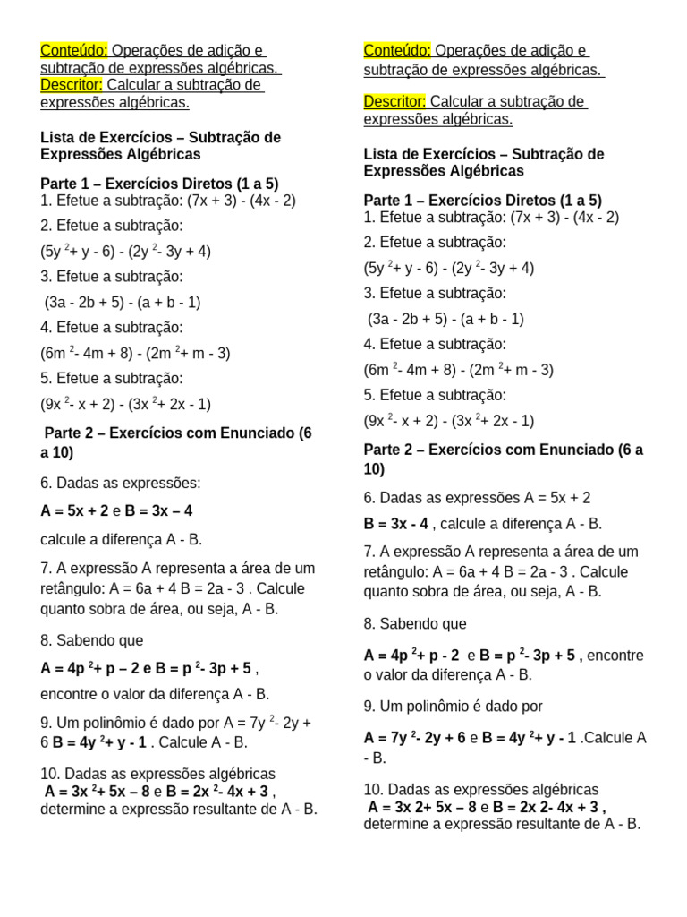 Subtração de Expressões Algébricas | PDF | Matemática | Álgebra abstrata