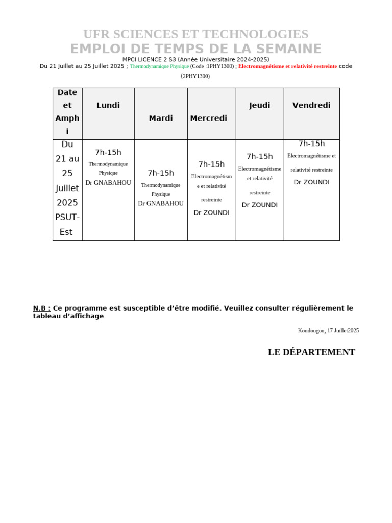 Emploi du temps MPCI Licence 2 S3 2025 | PDF