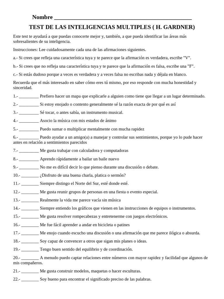 TEST DE LAS INTELIGENCIAS MULTIPLES | PDF
