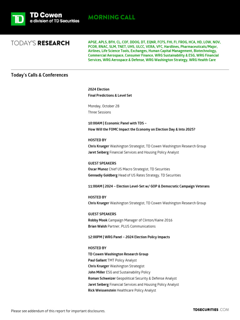 2024 10 28 TDCWN CL Morning Call 23 Pages | PDF | Securities (Finance)