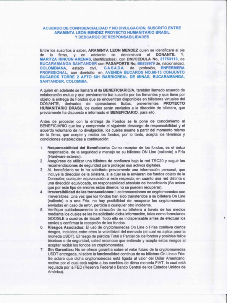 Acuerdo de Confidencialidad Maritza Rincon | PDF