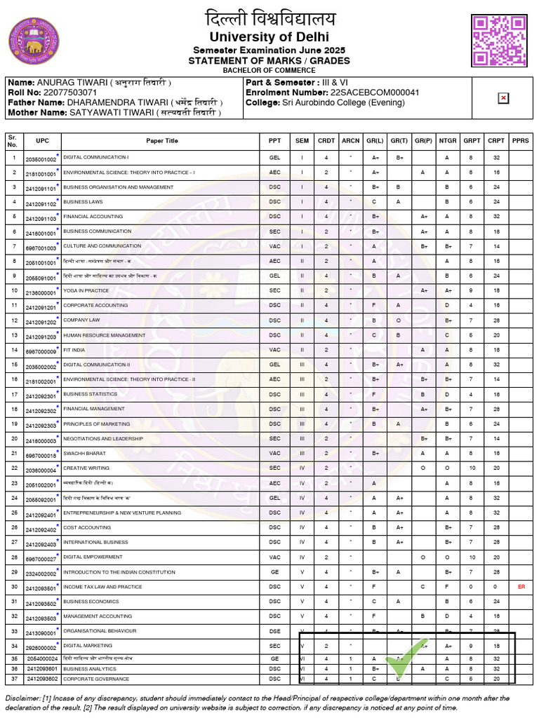 University of Delhi: Semester Examination June 2025 Statement of Marks ...