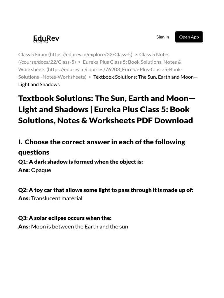 Class 5 Science: Light and Shadows | PDF | Eclipse | Moon