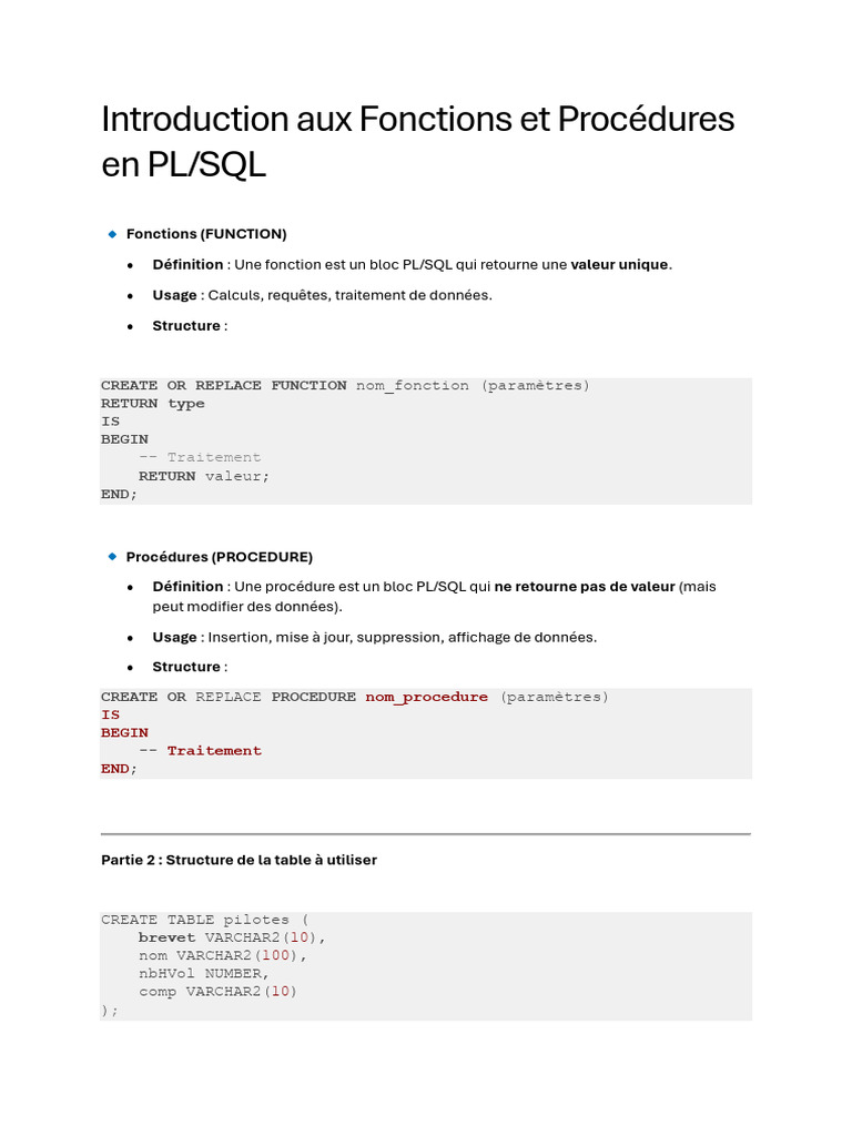 Introduction aux Fonctions et Procédures PL/SQL | PDF | PL/SQL ...