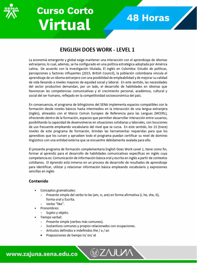 Curso de Inglés Básico SENA: Nivel 1 | PDF | Verbo | Idioma en Inglés
