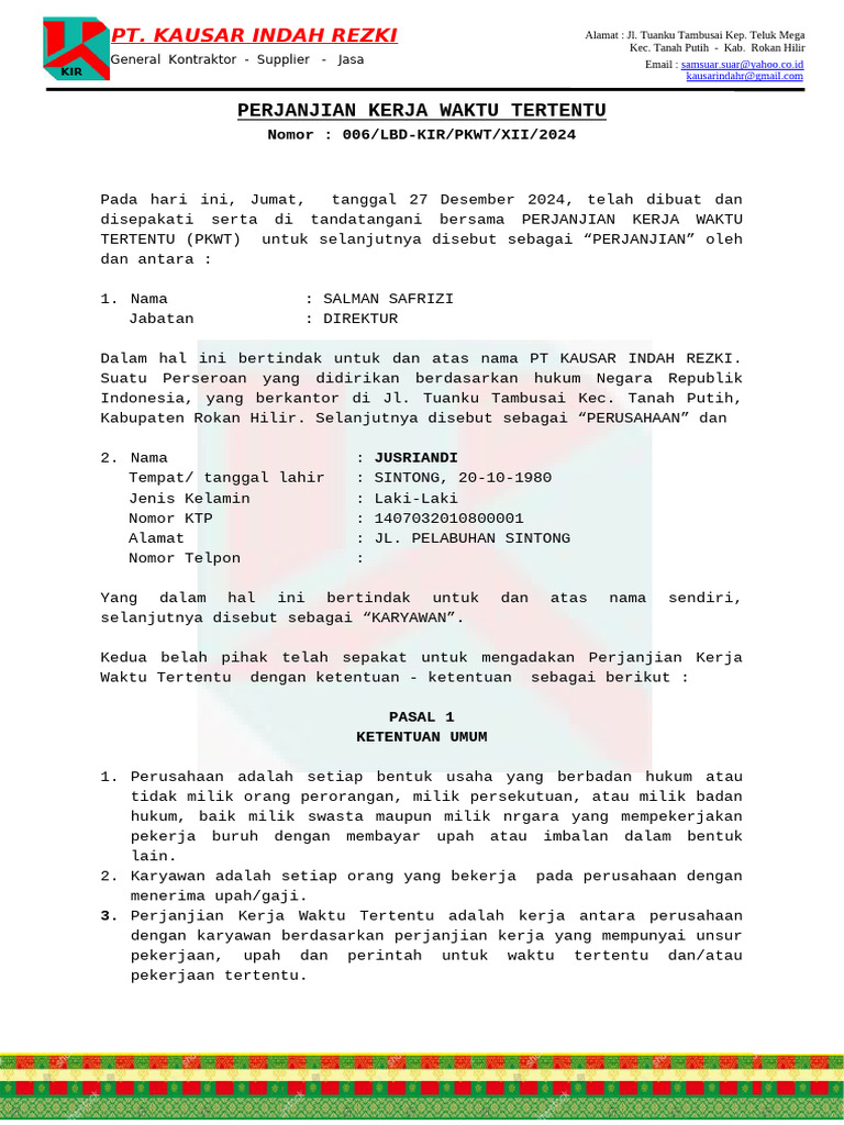 Perjanjian Kerja PKWT PT Kausar Indah Rezki | PDF