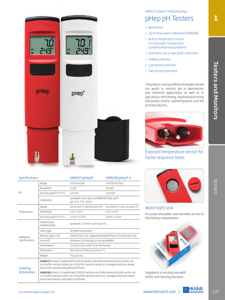 HI98108 pH Tester Specifications | PDF | Ph | Calibration