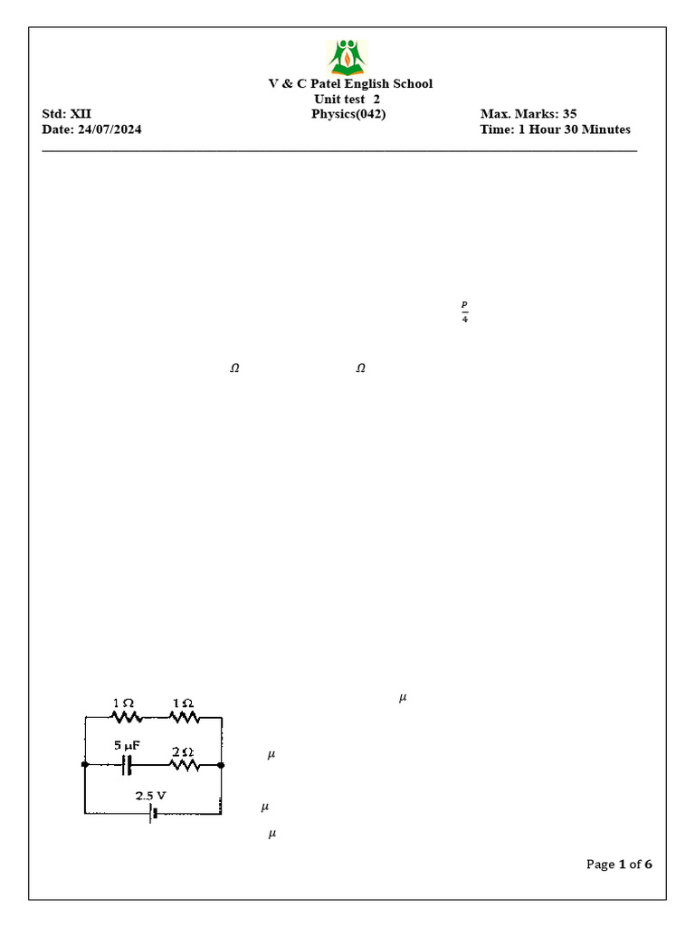 Physics Unit Test Paper for Std XII | PDF | Magnetic Field | Electric ...