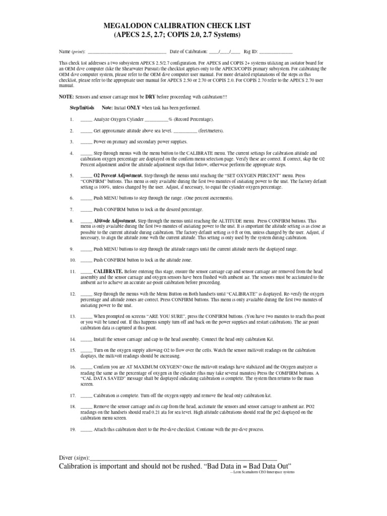 Megalodon Calibration Checklist Guide | PDF | Menu (Computing) | Equipment