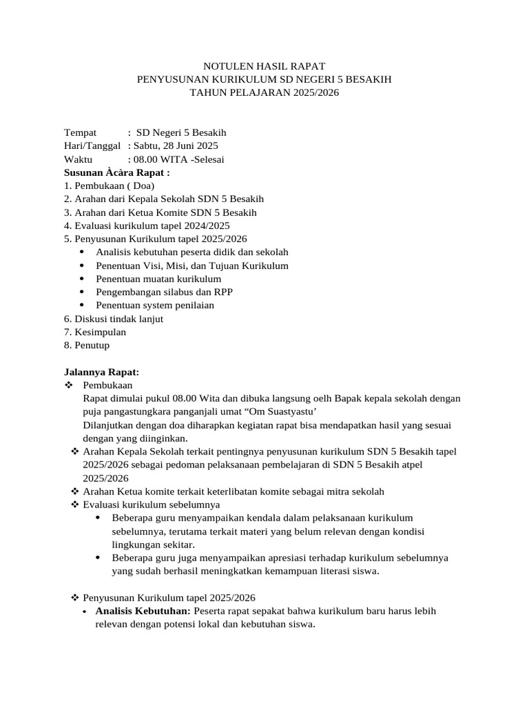 Notulen Rapat Kurikulum SD 2025/2026 | PDF