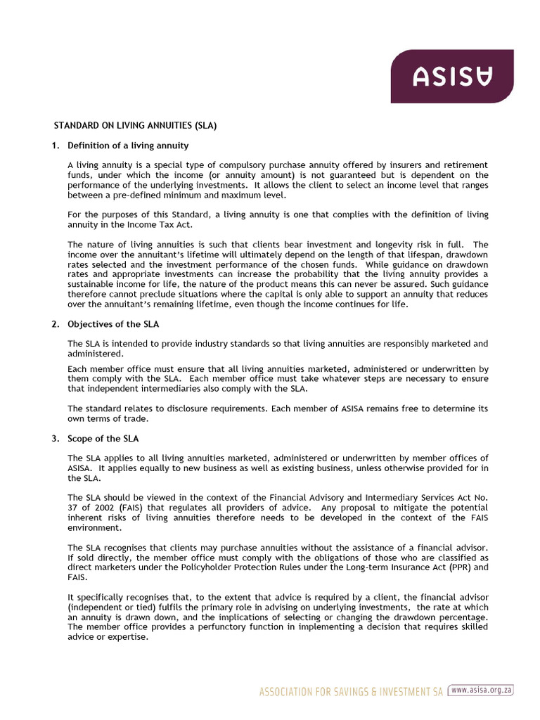 ASISA Standard on Living Annuities | PDF | Insurance | Retirement